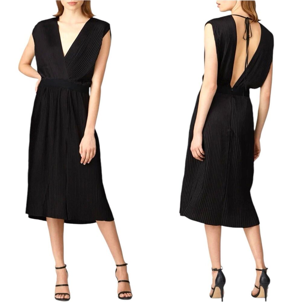 Tome Womens Cross Front Midi Dress Black Pleated Sleeveless Tie Zip LBD M